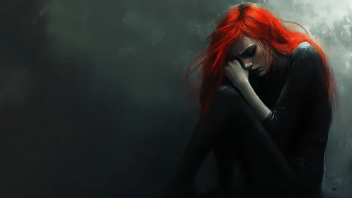 Red haired woman in shadowed corner, digital melancholy study.