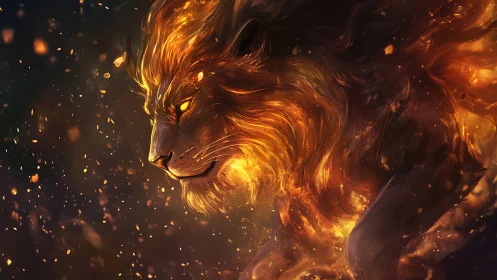 Fiery lion profile glows against dark swirling embers