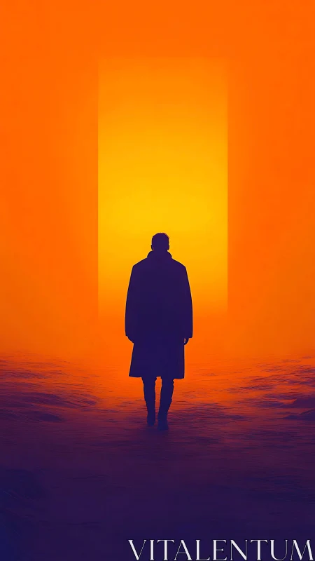 Solitary figure approaches luminous doorway in orange void.