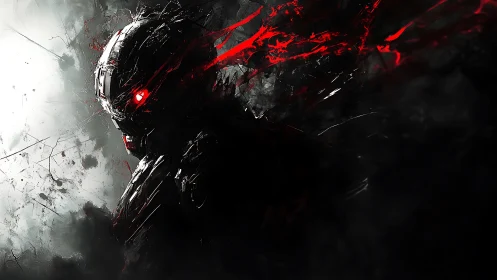 Cybernetic wraith glares through fractured red digital storm