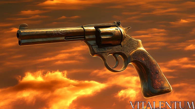 Ornate gold revolver rendered against dramatic sunset clouds