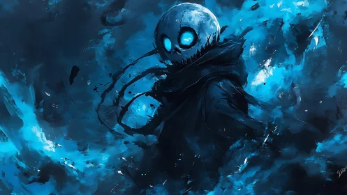 Glowing-eyed wraith emerges from swirling blue darkness.