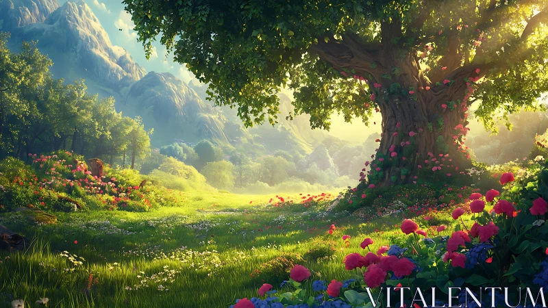 Enchanted meadow tree under golden sunrise light bloom.