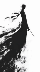 Skeletal swordsman silhouette dissolves into abstract black dust