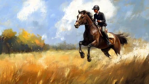 Equestrian rider guiding galloping horse through golden field.
