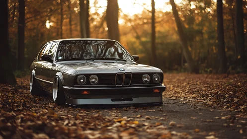 Lowered classic BMW sedan in autumn forest, frontal view.
