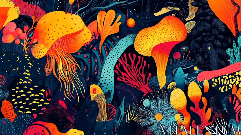 Chromatic bioluminescent reefscape in dense vector detail.