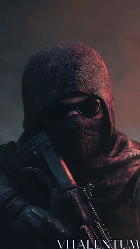 Hooded marksman grips rifle under blood-red dusk light.