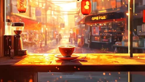 Sunlit city café counter glows with warm amber light.