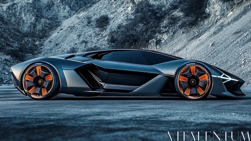 Futuristic concept supercar glides along a rocky mountain road.