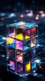 Glowing glass cube reflected on dark futuristic surface.