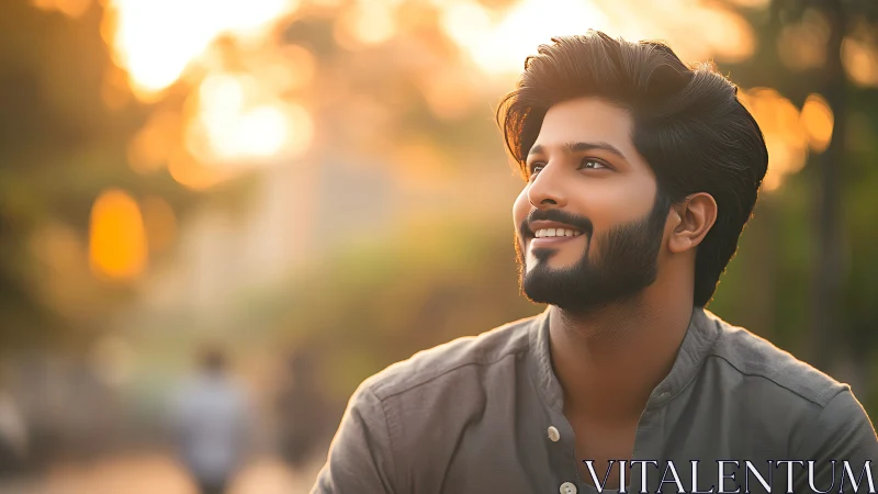 Golden hour portrait of smiling man with soft bokeh glow.