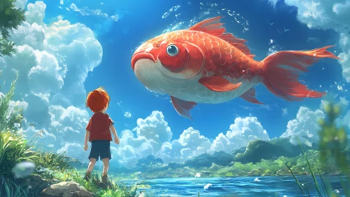Child observing large airborne koi above rural riverside.