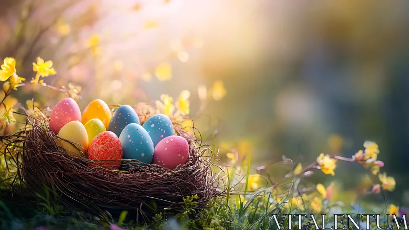 Colorful painted eggs rest in a twig nest in bright sunlight