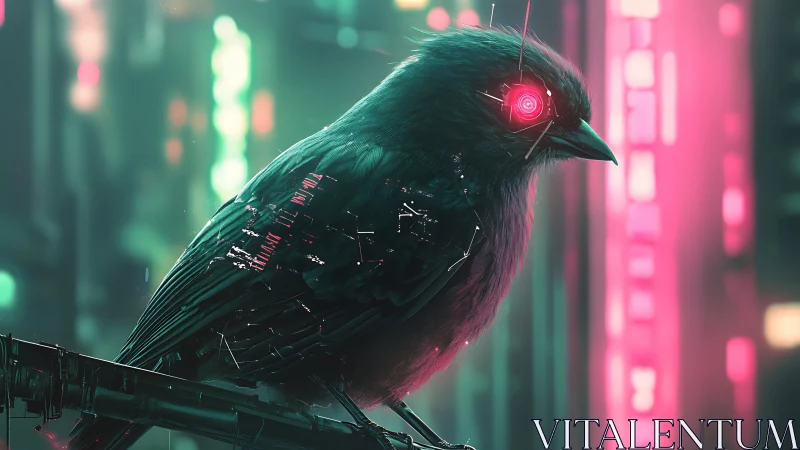 Cybernetic bird glows over neon city grid at night.
