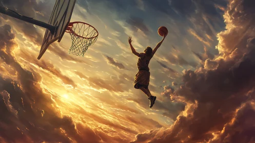 Sunlit basketball leap stretches toward a glowing sky hoop