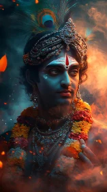 Portrait depicts adorned figure in peacock crown amid smoke