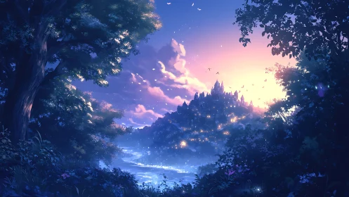 Twilight river gateway to a lantern lit hilltop kingdom.