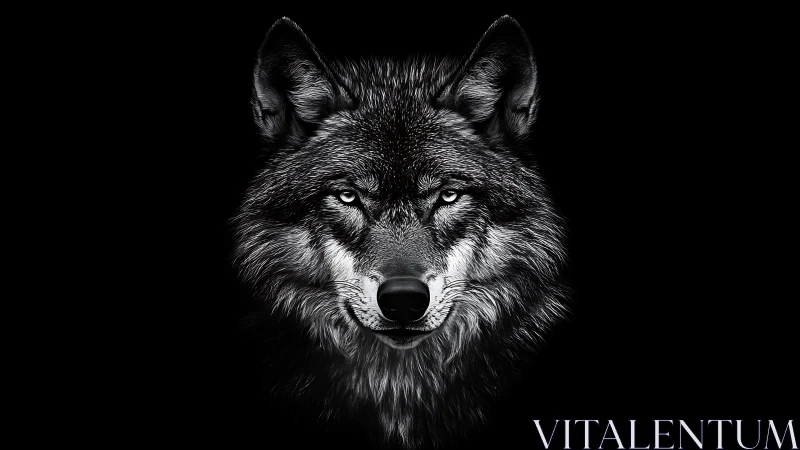 Lone wolf portrait renders silver fur against black void.