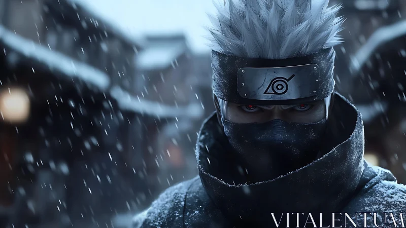 Masked ninja warrior glares through swirling winter snowfall.