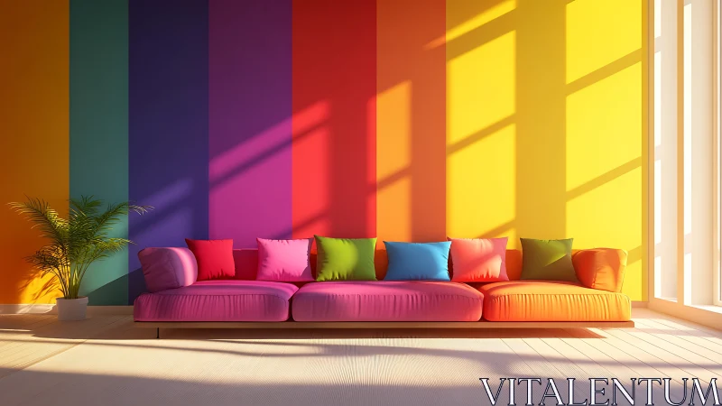 Multicolored sectional sofa aligns with striped interior wall