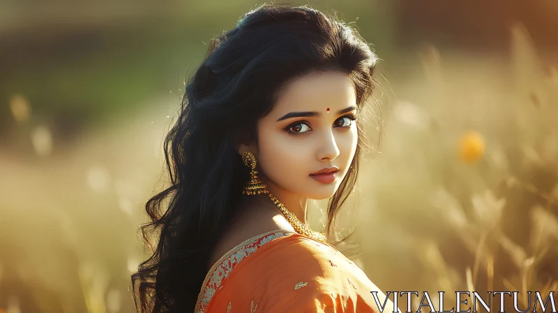 Portrait of Woman in Orange Saree with Traditional Jewelry, Soft Focus.