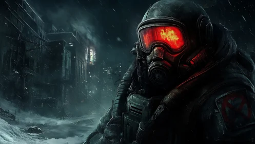 Postapocalyptic soldier stalks frozen city street in storm