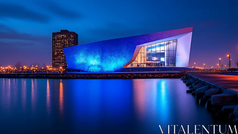 Neon harbor pavilion glows over glassy blue waterfront night.