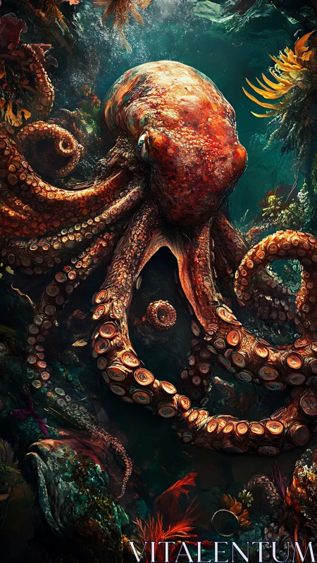 Octopus dominates dense coral reef with extended curling arms