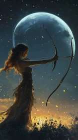 Moonlit archer draws a glowing arrow under a starry sky