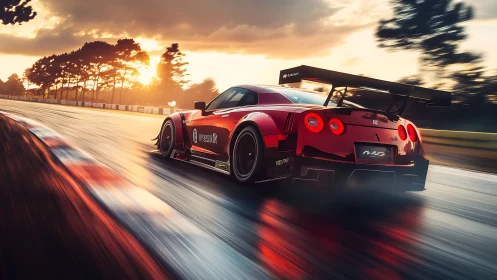 Red racing coupe rounds wet circuit corner at sunset