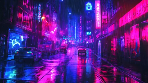 Cyberpunk neon alleyway in torrential rain, axial perspective.