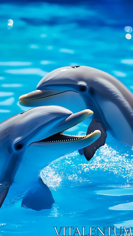 Two dolphins surface in bright blue water with visible detail