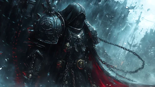 Shadowed armored guardian strides through a storm of sparks