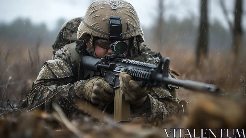 Modern infantry sniper steadies rifle under cold rainfall.