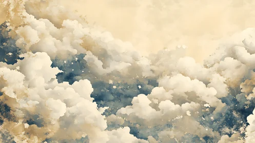 Layered cloud formations in muted blue and beige palette.