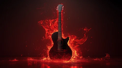 Black acoustic guitar engulfed in stylized red flames.