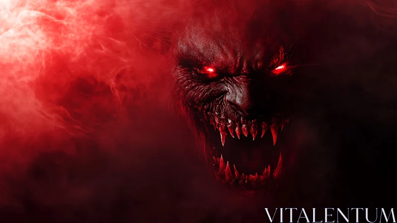 Demonic creature emerges from crimson smoke with blazing eyes.