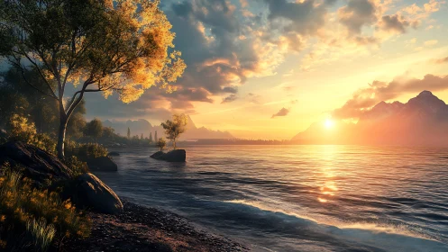 Golden shoreline sunrise ignites a tranquil mountain lake.