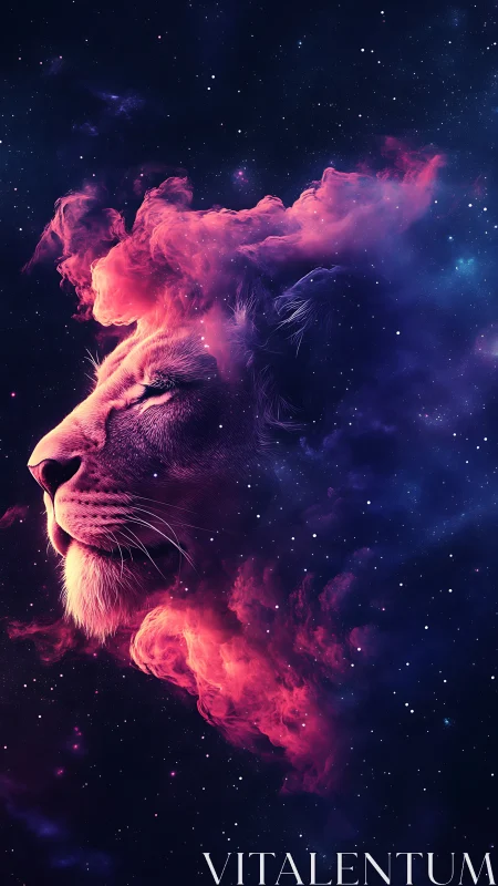 Celestial lion portrait emerging from neon cosmic nebula.