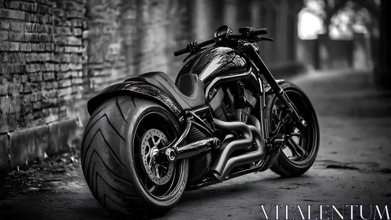 Custom black motorcycle in narrow urban alleyway at dusk.