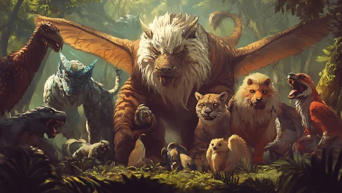 Mythic forest beasts gather under winged alpha guardian