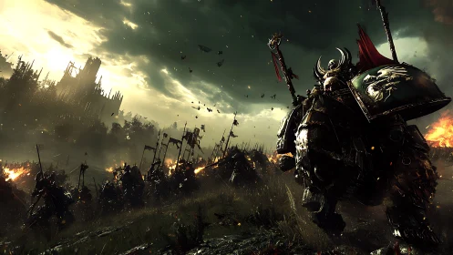 Storm-lit warrior commander leading a fierce fantasy charge.