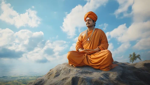 Peaceful orange robed monk meditating under soft blue sky.