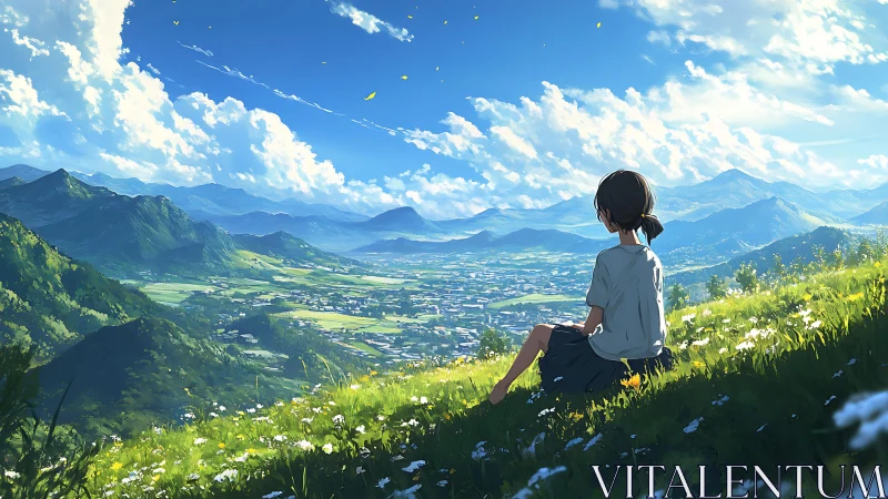 Anime hillside panorama renders atmospheric depth and luminous clouds