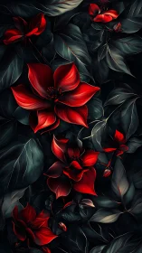 Scarlet blooms emerge from darkness in digital floral art.