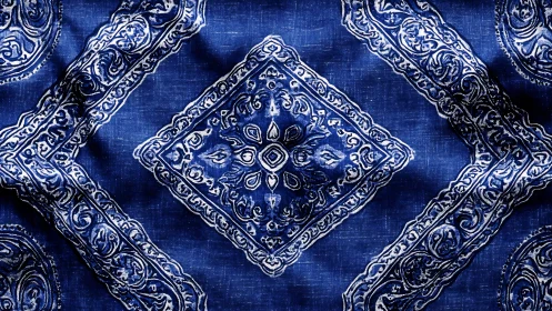 Textured blue fabric displays ornate diamond bandana motif