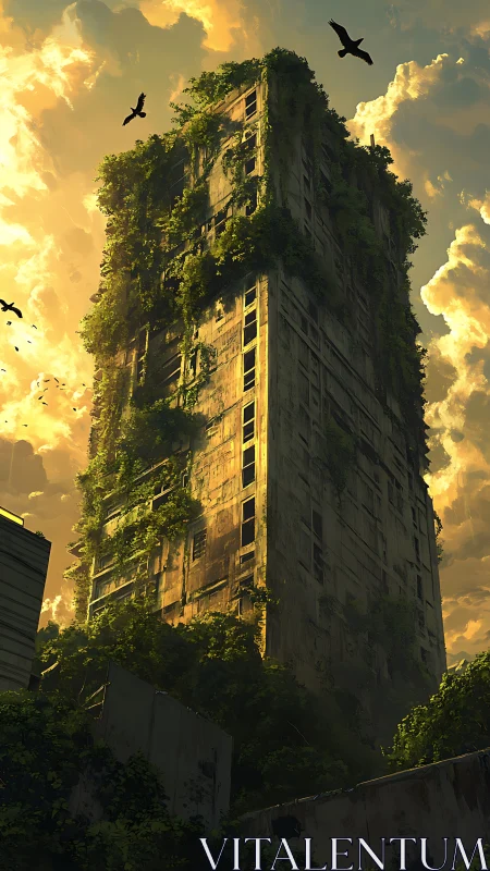 Abandoned vertical tower wrapped in dense overgrown ivy