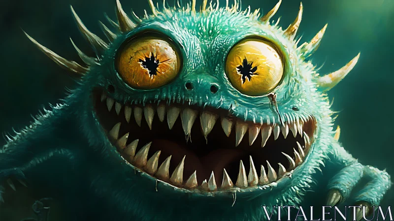 Wild-eyed teal monster grins with razor fanged, chaotic energy