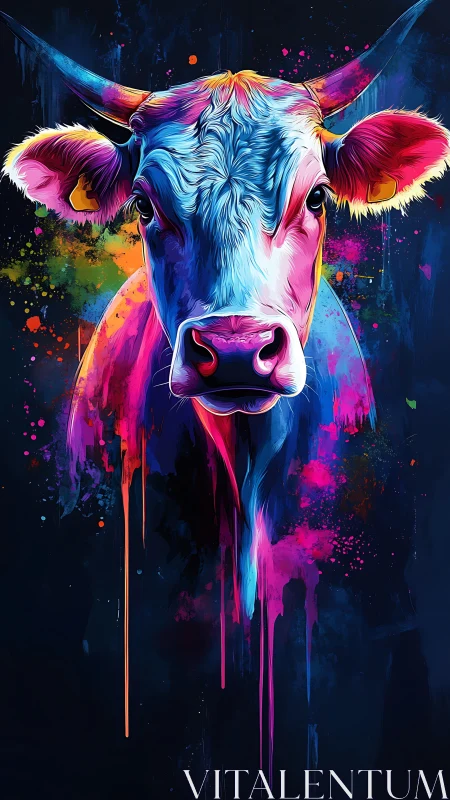 Neon drip cow stares down the night in electric calm.